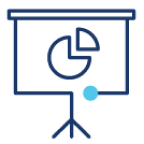 Blue icon: Projection screen with pie chart