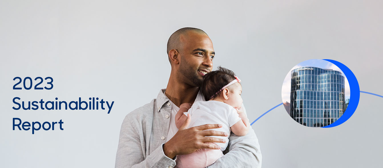 Image of father holding a baby daughter next to image of 10 Fan Pier building in a circle and text saying 2023 Sustainability Report