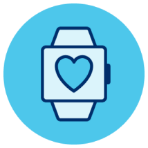 Illustration: A blue circle with a watch in the middle of the circle. The watch has a blue heart in the middle.