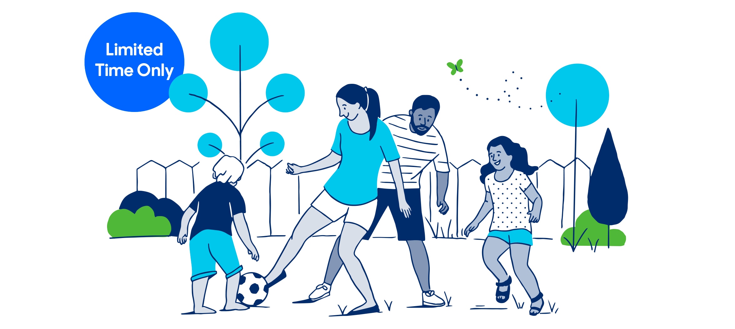 Illustration: A woman kicking a soccer ball to a little boy while a male and girl run up behind the woman