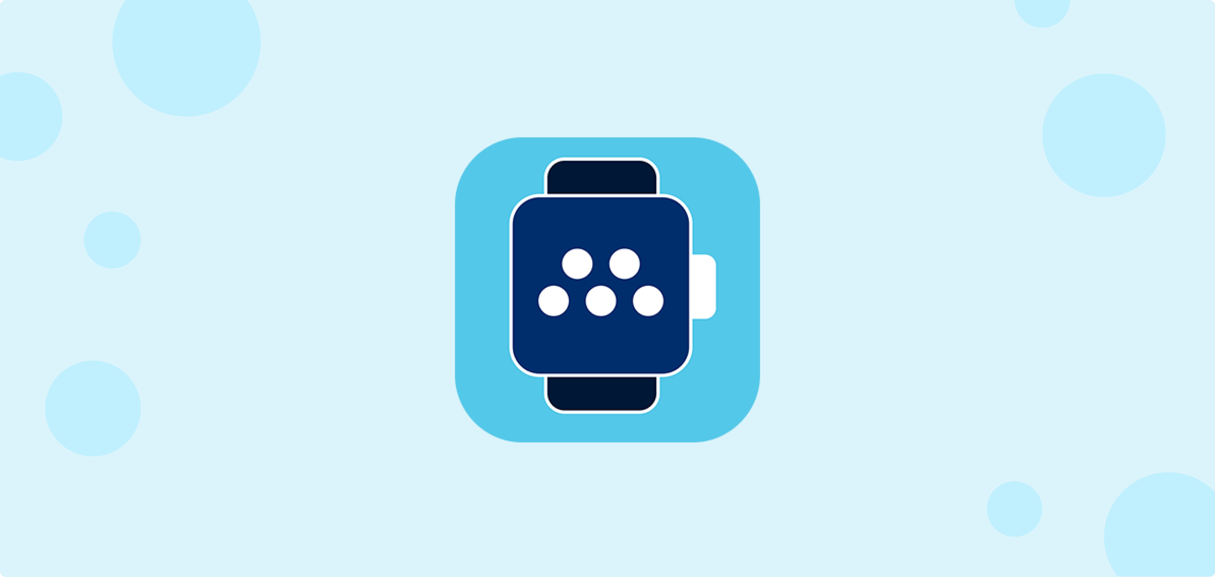 Illustration: a light blue rectangle with darker blue circles and a blue square in the middle with a smart watch displaying the MassMutual logo 